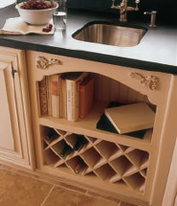 small wine rack and an open shelf for cookbooks